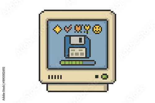 Retro Data Animation. A retro computer screen showing a friendly “reading data” animation from various legacy media, tiny doodle