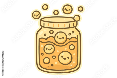 Whimsical Bubbly Jar. A cute mason jar filled with happy, bouncing bubbles, soft rounded shapes, limited pastel amber and cream