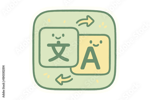 Animated Translate Icon. A "translate" icon showing animated text changing languages, smiling letters and tiny friendly arrows,