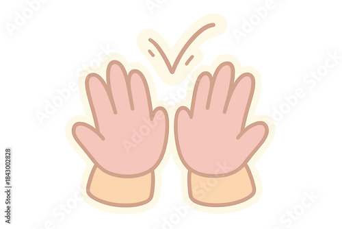Playful High-Five Illustration. Two hands giving a high-five with tiny smiling motion lines forming a checkmark, rounded friendly