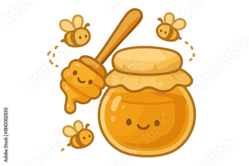 Smiling Honey Jar. A cute jar of honey with a smiling honey dipper, tiny bees buzzing around like stickers, soft and cozy forms,