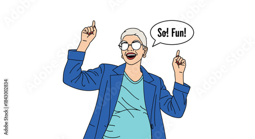 Energetic senior woman in a blue blazer and teal shirt dances with raised hands and a big smile signaling a moment of pure fun and celebration.