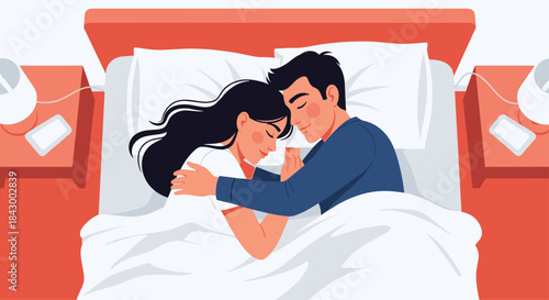Couple lying in a cozy bed embrace each other under soft white sheets as morning light fills a quiet bedroom and a sense of warmth and closeness fills the air.