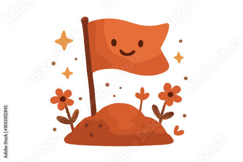 Milestone Celebration Flag. A smiling "milestone" flag planted in soil, tiny flowers and stars around, cozy rounded doodle shapes,
