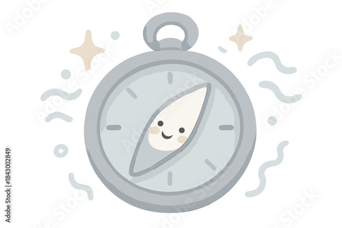 Playful Compass Design. A playful compass with a tiny smiling needle pointing inward, sparkles and soft waves around, cozy rounded