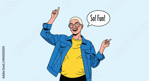 Dancing in a blue denim jacket and yellow shirt a joyful person lifts arms and smiles against a light blue background and radiates lively carefree energy.