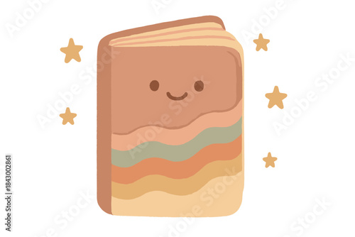 Dreamy Pastel Journal. A cheerful dream-journal with stacked colorful strata pages, tiny floating stars, soft rounded friendly