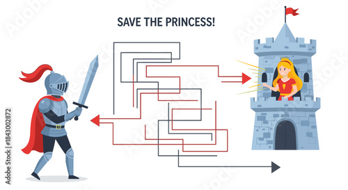 Brave knight faces a complex labyrinth of red and black paths on his quest to reach a princess in a sturdy castle tower and save her from danger.