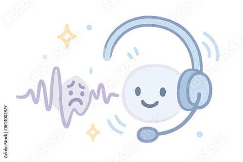 Friendly Translation Headset. A smiling headset translating a distressed voice waveform in real-time, tiny sparkles and friendly