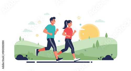 Two runners move at a steady pace through a sunlit park on a breezy day while green hills roll in the background and a warm sun shines overhead.