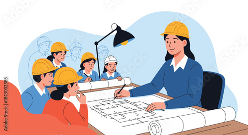 Construction training session with a seasoned woman instructor guiding a group of young engineers wearing yellow safety helmets as they study blueprints.