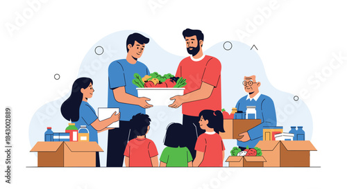 Several volunteers and families come together to distribute fresh produce and groceries at a community food drive charity event.