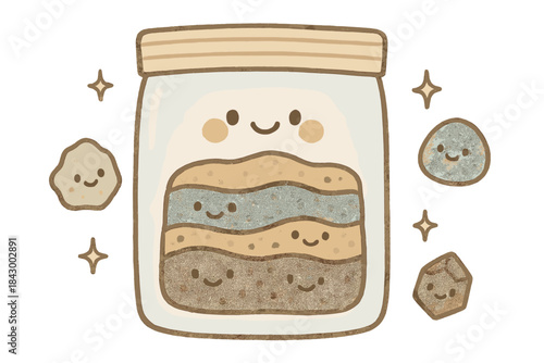 Smiling Minerals Delight. A happy evidence bag labeled "unique strata", tiny sparkles and smiling minerals around, soft rounded