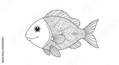 Detailed black and white line drawing of a tropical fish with patterned scales and graceful fins ready for coloring and artistic interpretation.