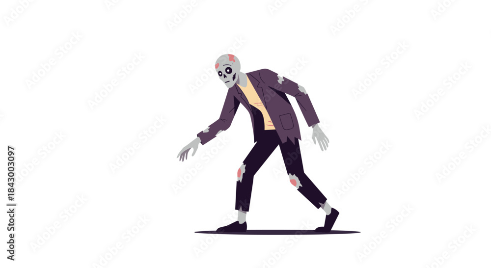 Naklejka premium Zombie figure shuffles through a deserted scene wearing a torn purple jacket and ripped jeans under a pale glow in a stylized horror illustration.