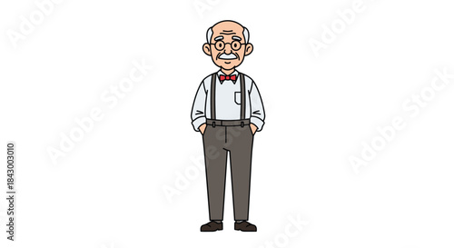 Cheerful elderly gentleman wearing a white shirt with suspenders and a red bow tie stands with hands in pockets in a friendly cartoon portrait.