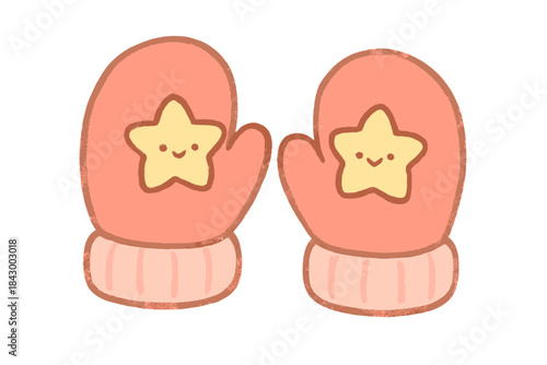 Mittens with Happy Stars. A playful pair of mittens holding tiny happy stars, soft rounded doodle style, pastel red and pink