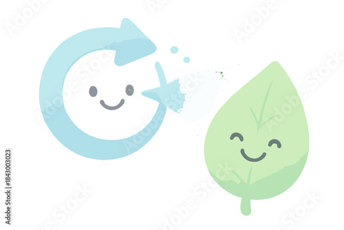 Refreshing Leaf Mist. A happy "refresh" symbol spraying a friendly mist over a smiling leaf, soft rounded friendly shapes, pastel