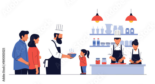 People line up at a bright bakery cafe as chefs and assistants hand out plates and cups to customers at a clean counter beneath warm pendant lights.