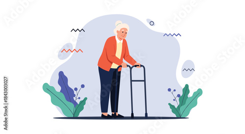 Elderly woman uses a walker outdoors in a garden scene with green plants and gentle decorative shapes in the background.