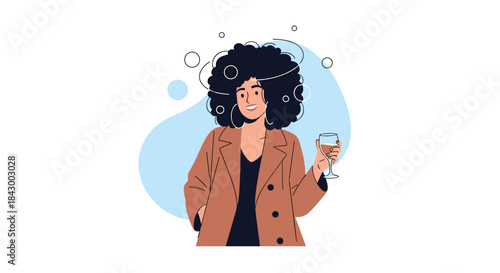 Stylish woman with curly dark hair wearing a tan blazer and black top raises a glass in a celebratory pose against a soft blue abstract background.