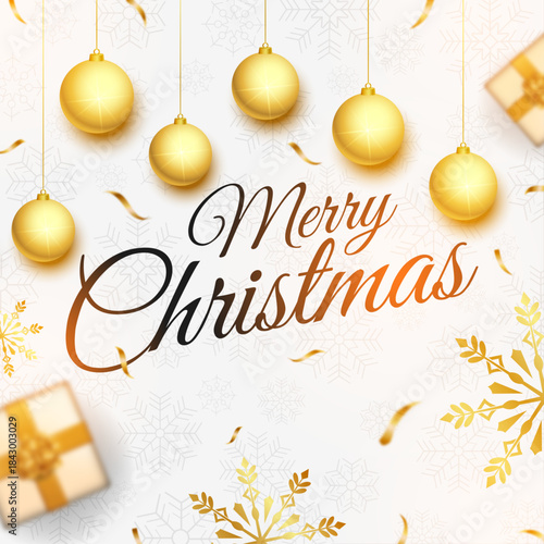 Merry christmas elegant golden ornaments background, Classy holiday greeting card with snowflakes and gifts, Gold and white luxury christmas background vector, Winter celebration minimal design templa