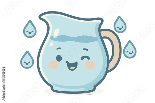 Friendly Winking Pitcher. A happy "refill" pitcher with a friendly winking face, tiny droplets with smiles, soft rounded friendly