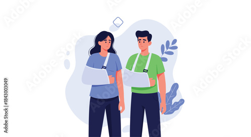 Two friends with arm slings stand side by side in a cheerful animated scene illustrating resilience and support after an accident and recovery journey.