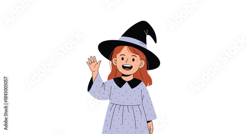 Cheerful witch girl in a light purple dotted dress waves hello while wearing a tall black hat with a silver band and a bright smiling expression.