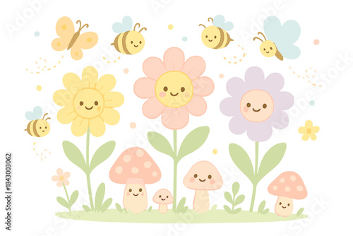 Joyful Garden Harmony. A cheerful garden scene with smiling flowers, playful bees, fluttering butterflies, tiny mushrooms with