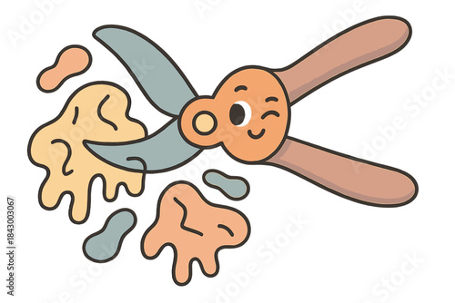 Cheerful Pruning Shears. A playful pruning shear with a winking face, trimming away abstract "wasted time" shapes, soft harmonious