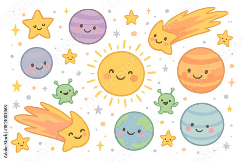 Cheerful Cosmic Doodle. A fun outer space doodle with smiling planets, winking stars, cheerful comets, tiny happy aliens, soft