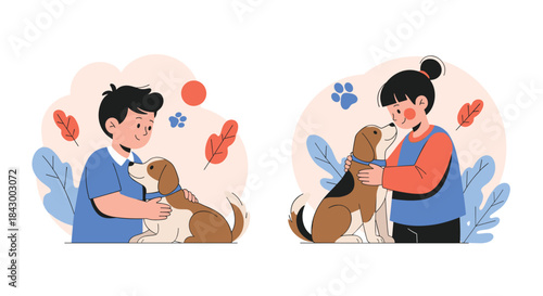 Two kids share a loving moment with dogs outdoors among colorful autumn leaves and soft blue plants in a bright friendly illustration.