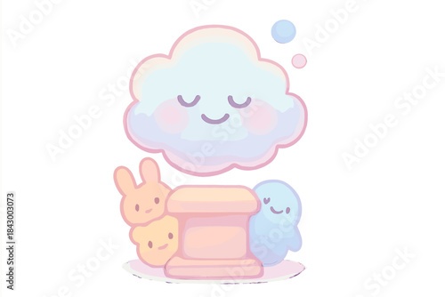 Smiling Dream Bubble. A small pedestal with a smiling dream bubble hovering above, tiny happy creatures peeking from behind, soft