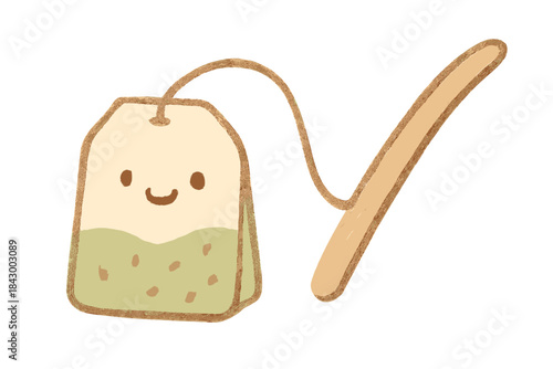 Happy Tea Checkmark. A cheerful tea bag string forming a happy checkmark, soft rounded doodle forms, pastel brown and green