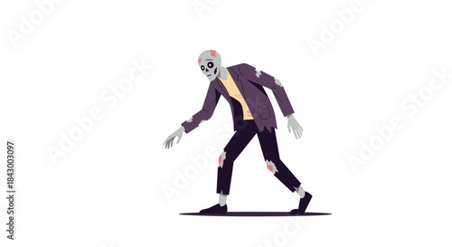 Zombie figure shuffles through a deserted scene wearing a torn purple jacket and ripped jeans under a pale glow in a stylized horror illustration.