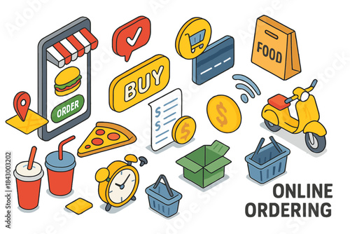 Food delivery isometric icon set. featuring burger, order, buy, shopping cart, food bag, map pin, and pizza symbols