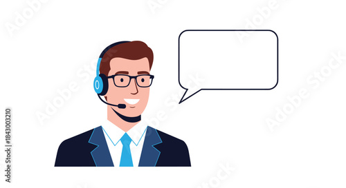 Support agent with headset and glasses assists customers in a friendly professional service scene inside a modern office setting for effective communication.