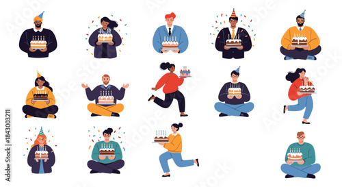 Celebrating diverse birthdays with cakes candles confetti and joyful characters in an illustrated party scene full of laughter music and warm wishes.