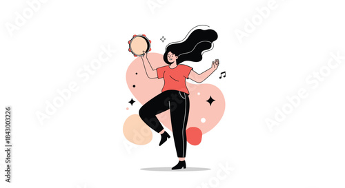 Dynamic illustration of a woman dancing joyfully with a tambourine in hand as music notes swirl around her in a playful colorful background.