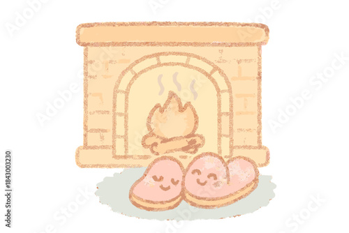 Cozy Slipper Warmth. A cheerful pair of slippers warming by a cozy fireplace, soft pastel doodle style, No text, No labels,