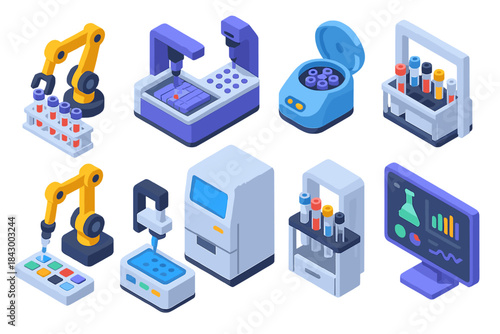 Science and technology isometric icon set. featuring robotics, laboratory equipment, analysis, and research tools