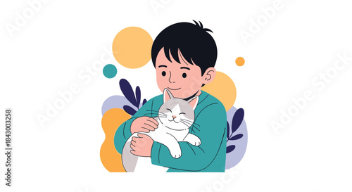 Bright scene of a young boy gently embracing a content cat in a warm moment that expresses friendship comfort and quiet affection.