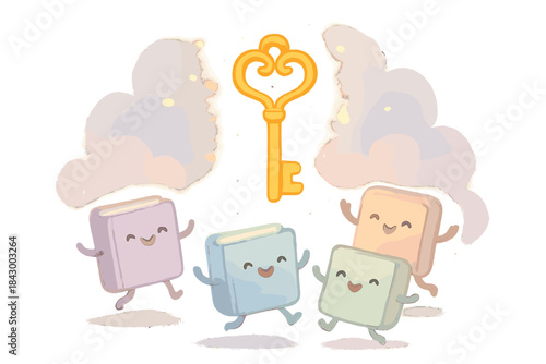 Glowing Key and Books. A glowing key hovering above tiny joyful books, representing lucid dreams, gentle pastel accents, No text,