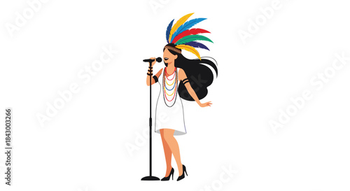 Vibrant female singer wearing a feathered headdress and white dress performs on stage with a microphone and beaded jewelry under bright lights.