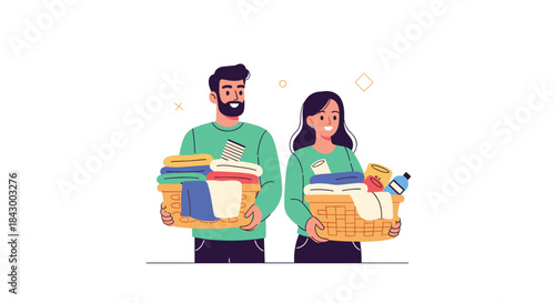 Two people stand side by side holding large baskets overflowing with laundry towels and cleaning supplies as they prepare for a home chores task.