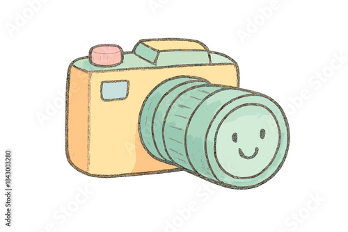 Cheerful Camera Lens. A cheerful camera with a smiling "respectful distance" zoom lens, soft pastel doodle style, No text, No