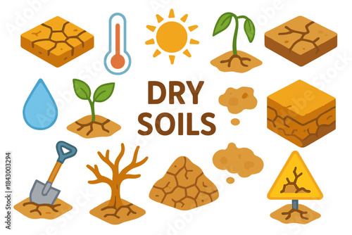 Drought and soil silhouette icon set. featuring sun, thermometer, dry soil, plant, water, and shovel symbols