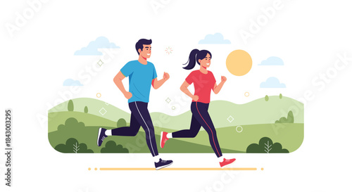 Two people run side by side in a sunlit park with rolling green hills beneath a blue sky and fluffy clouds as a warm breeze moves through the scene.