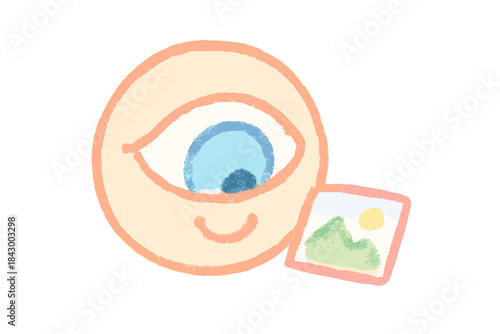 Cheerful Alt Text Icon. A cheerful "alt text" icon with a smiling eye reading a tiny image, soft pastel doodle style, No text, No